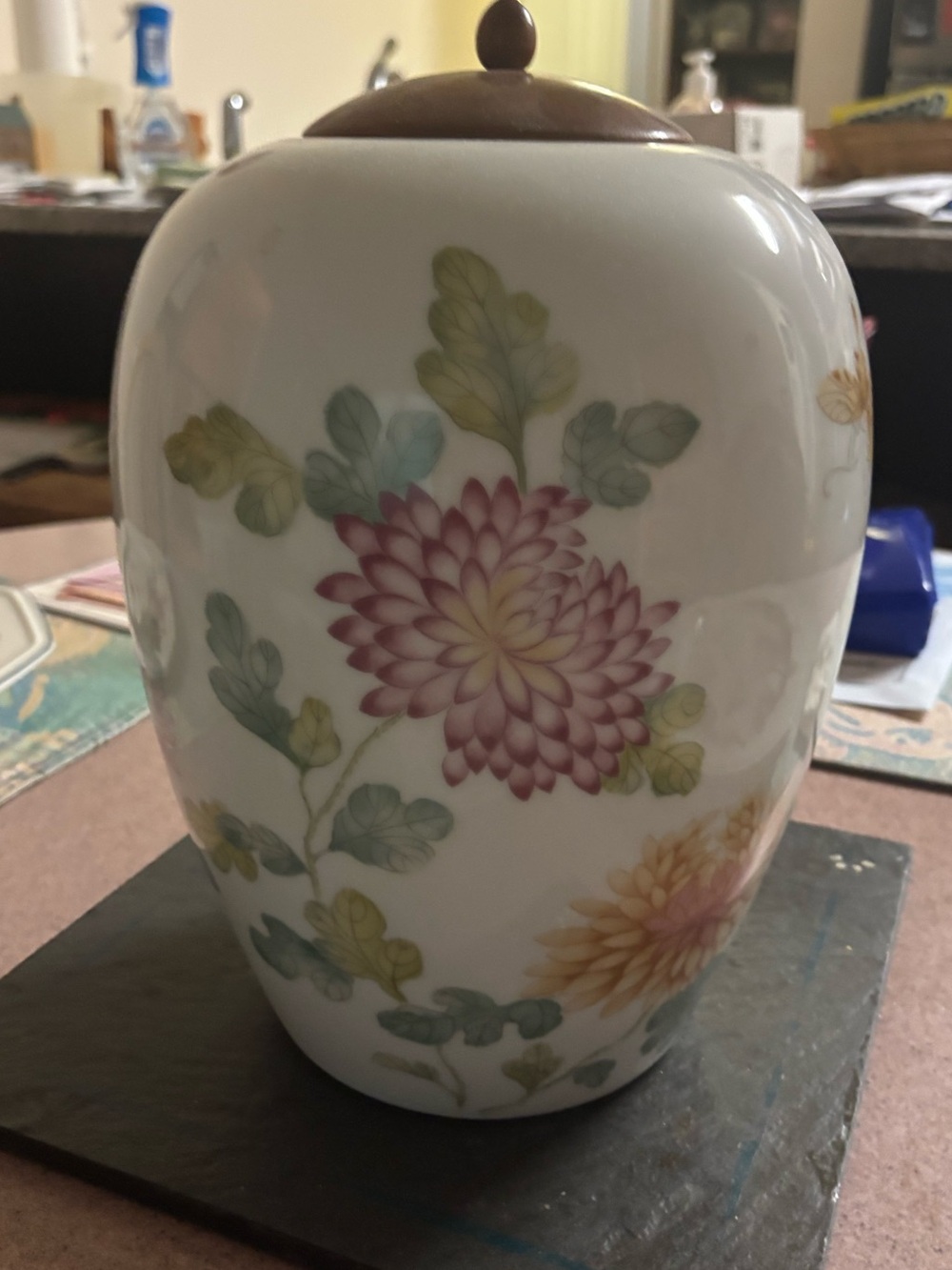 Vintage Floral + white vase with Brown Lid
